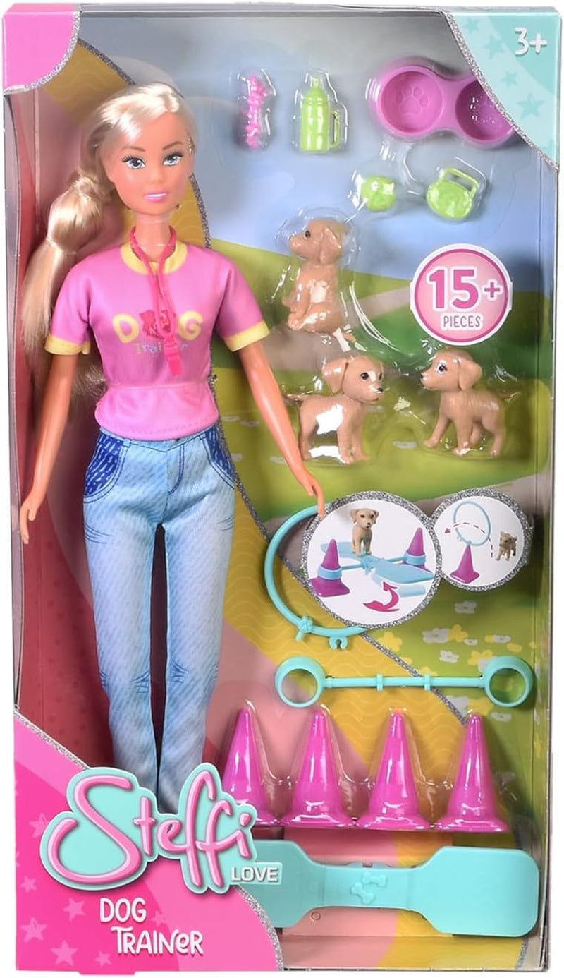 Simba Steffi Love Dog Trainer, Spielpuppe als Hundetrainerin mit einem Trainingsparcour, 3 Hunden und Zubehör, 29cm, ab 3 Jahren
