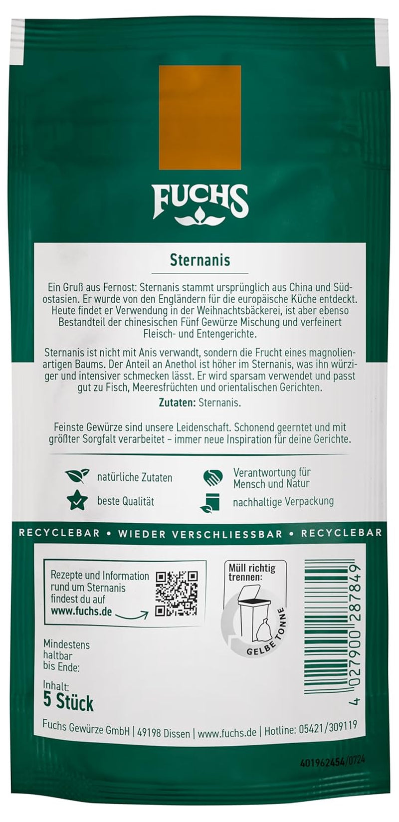 Fuchs Gewürze - Sternanis ganz | Ingrediente naturale | Busta richiudibile e riciclabile da 9 g