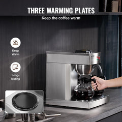 VEVOR Espressor comercial cu filtru pentru 12 căni, espressor cu 3 carafe de sticlă și 3 plăci de încălzire, espressor din oțel inoxidabil cu alimentare automată cu apă, pentru restaurante, birouri, cafenele