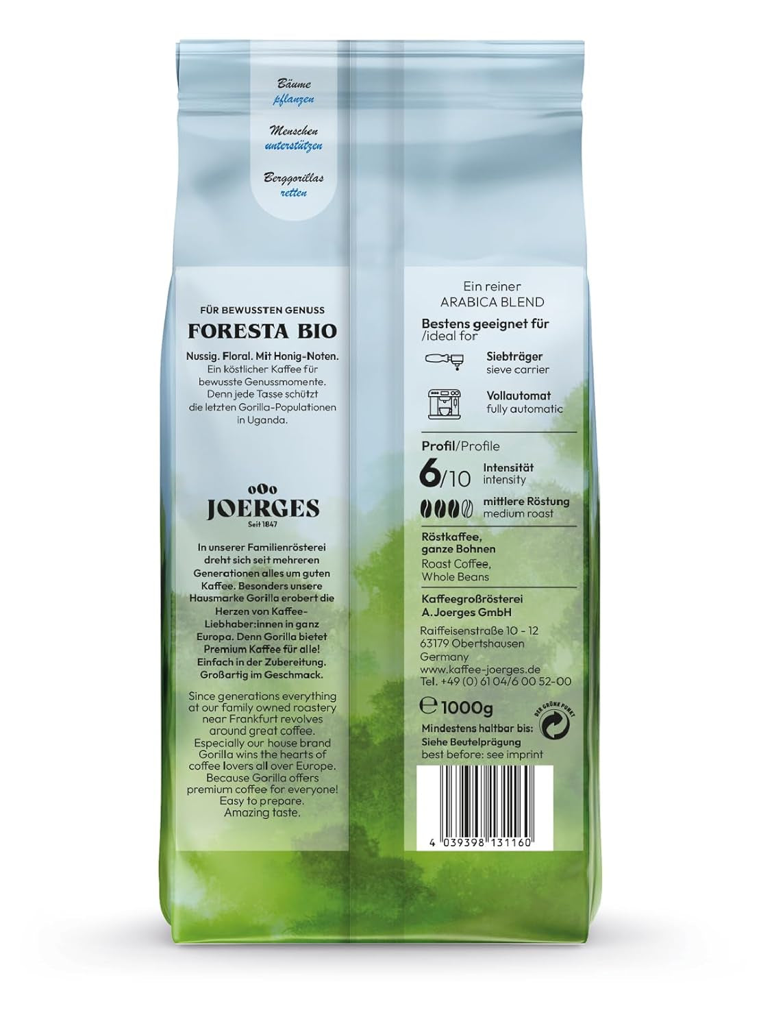 Cafea Joerges Foresta 1000g boabe întregi prăjite | Amestec Arabica de calitate | Pentru aparate de cafea portafilter și complet automate | Espresso