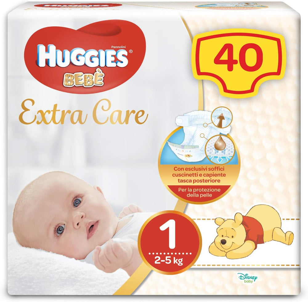 Pannolini Huggies Extra Care per Neonati, Taglia 1 (2-5 kg), Super Assorbenti, Protezione Completa, Design Disney, 40 pz.