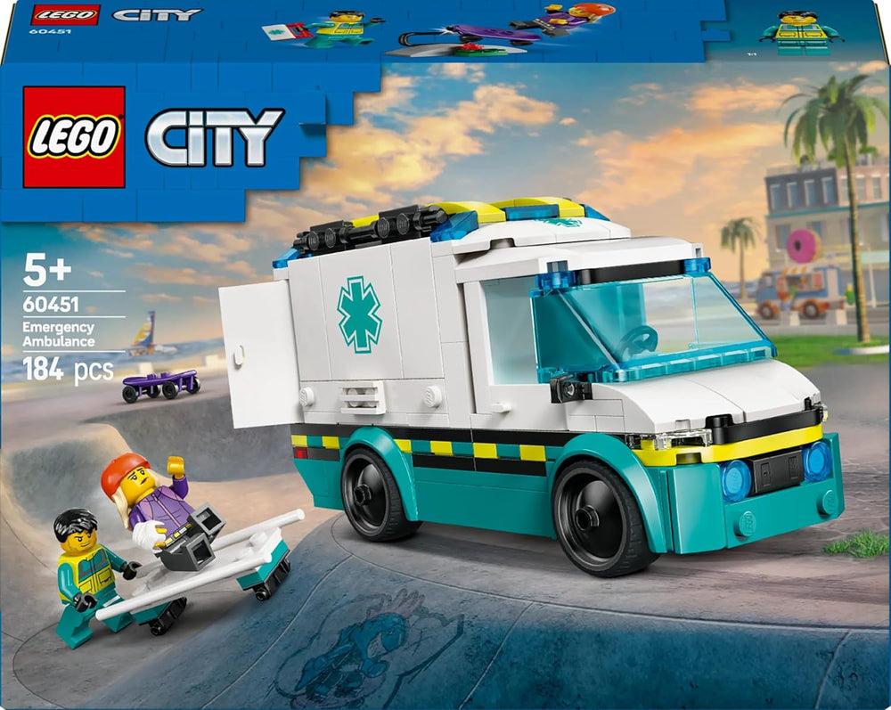 Ambulanza LEGO City - giocattolo con 2 minifigure (skateboarder e autista) - giocattolo educativo per ragazzi e ragazze dai 5 anni - idee regalo per compleanno e vacanze 60451 Set da costruzione Besuche den LEGO-Store