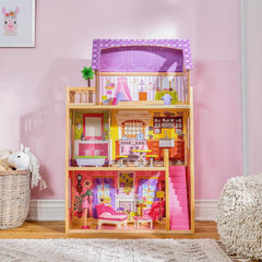 KidKraft Casă de păpuși Kayla din lemn cu mobilier și accesorii, set de joacă cu 3 niveluri pentru păpuși de 30 cm, jucărie pentru copii de la 3 ani în sus, 65092 - Exclusiv pe Amazon