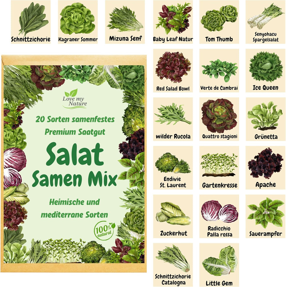 Mix di semi per insalata - Set da 20 varietà - Raccolta rapida, taglio e insalate invernali - 100% naturale - Senza stimolanti della crescita - Confezionato con amore - Include istruzioni ed etichettatura individuale