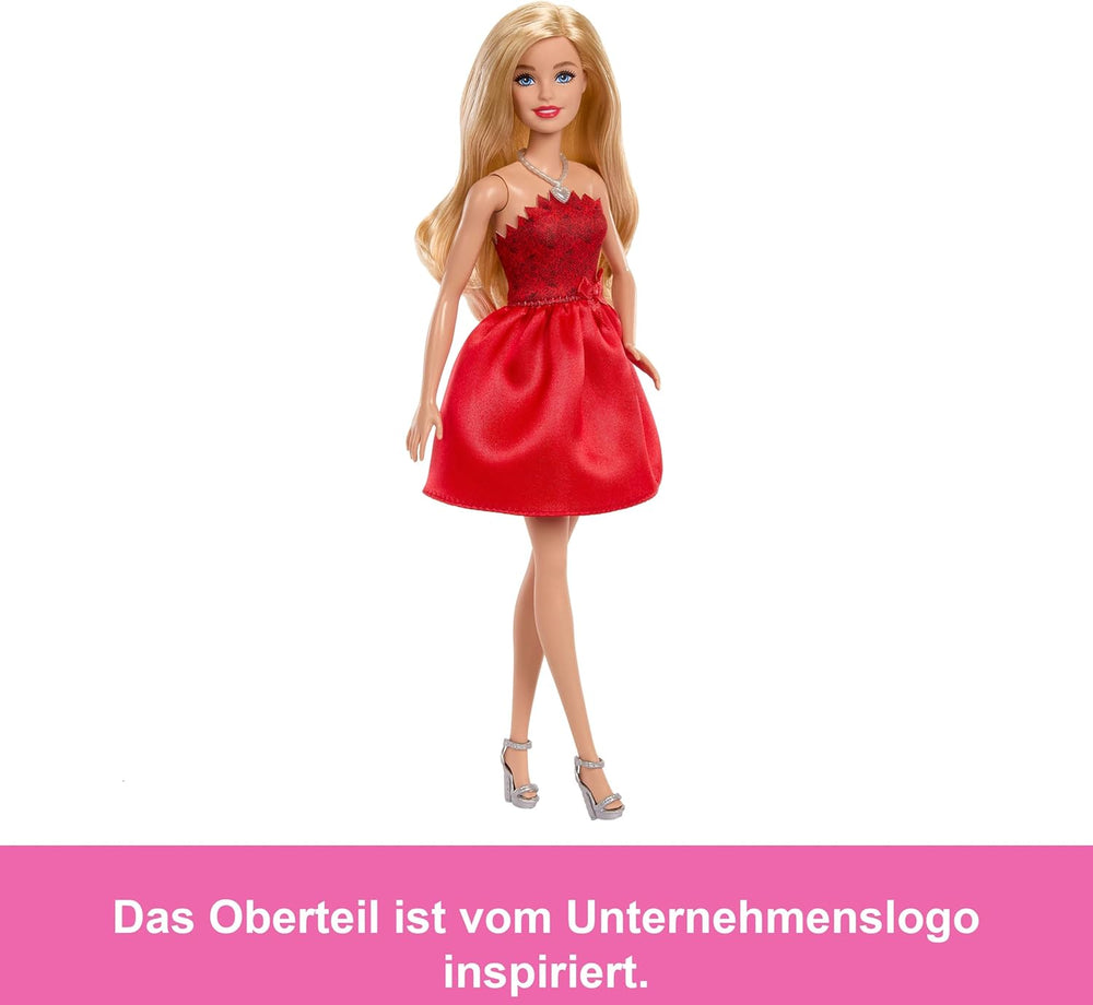 Mattel Rubinrote Blonde Barbie-Party-Modepuppe zum 80. Jubiläum roten Kleid mit silbernen Schuhen und Halskette, Sammelspielzeug, JGD25