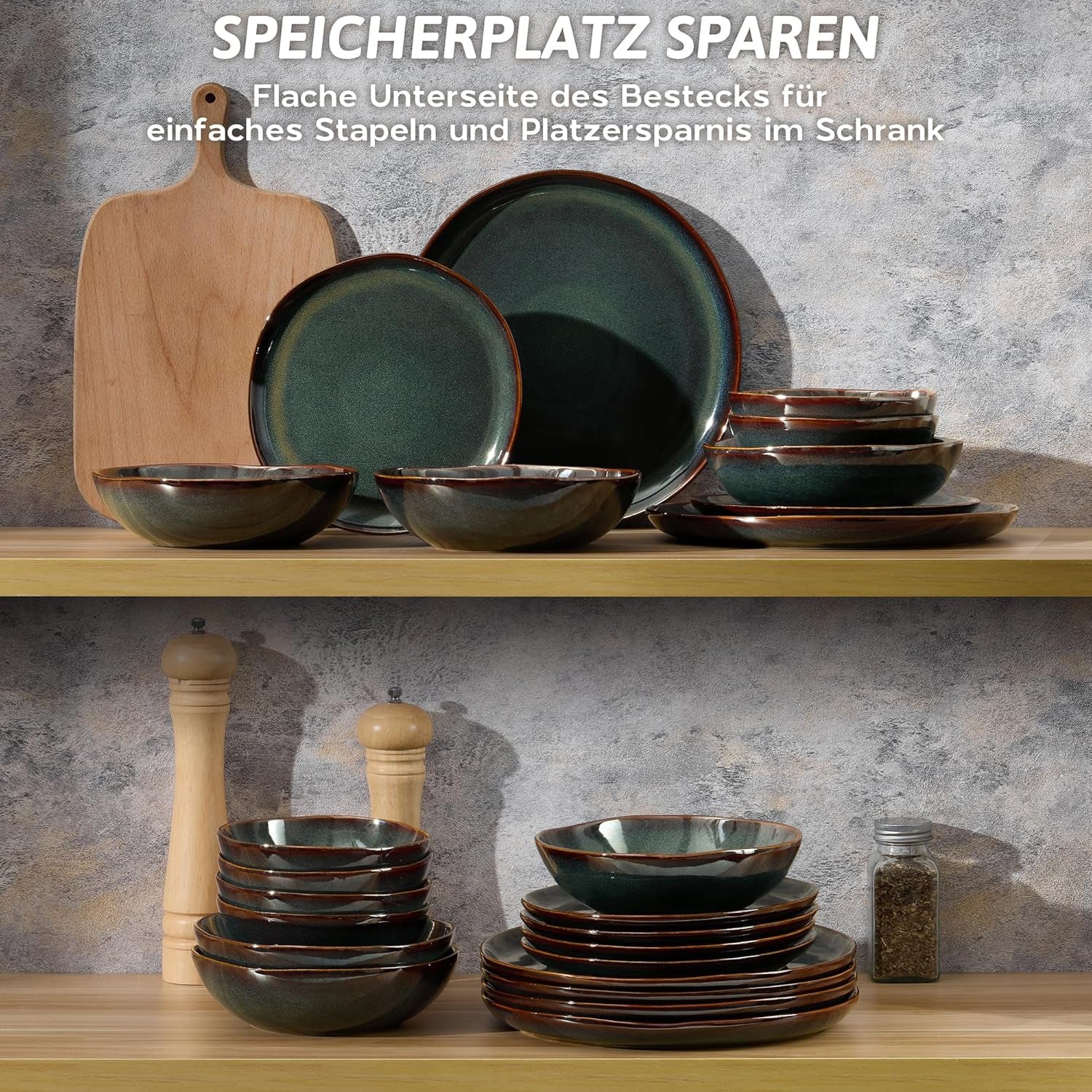 Set de veselă pentru 6 persoane, set de servire din gresie ceramică cu 24 de piese, set de veselă rotund neregulat cu farfurii, farfurii de desert, boluri pentru cereale, potrivit pentru cuptorul cu microunde și mașina de spălat vase, verde tundra reactiv