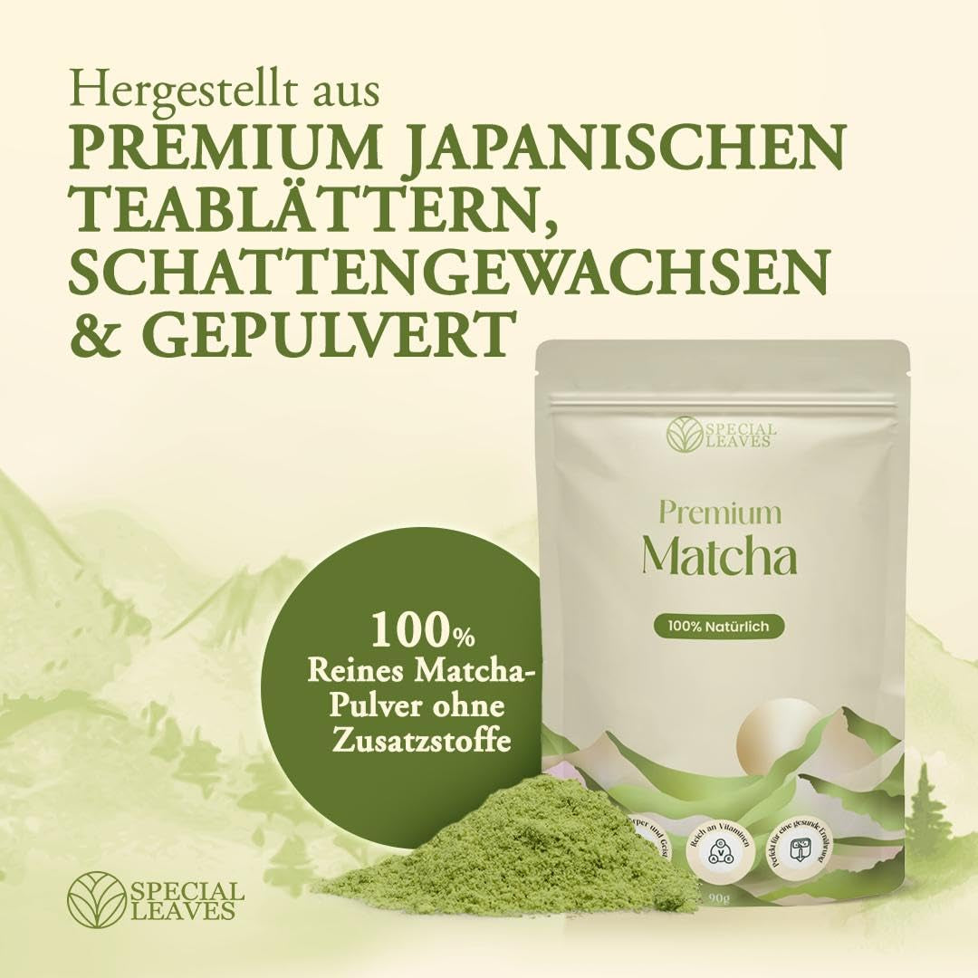 Pudră Matcha - 90 g - 100% naturală și măcinată fin - Pentru ceai și Matcha Latte - Fără aditivi - Calitate superioară din tradiția japoneză a ceaiului - Ceai verde premium de la Special Leaves