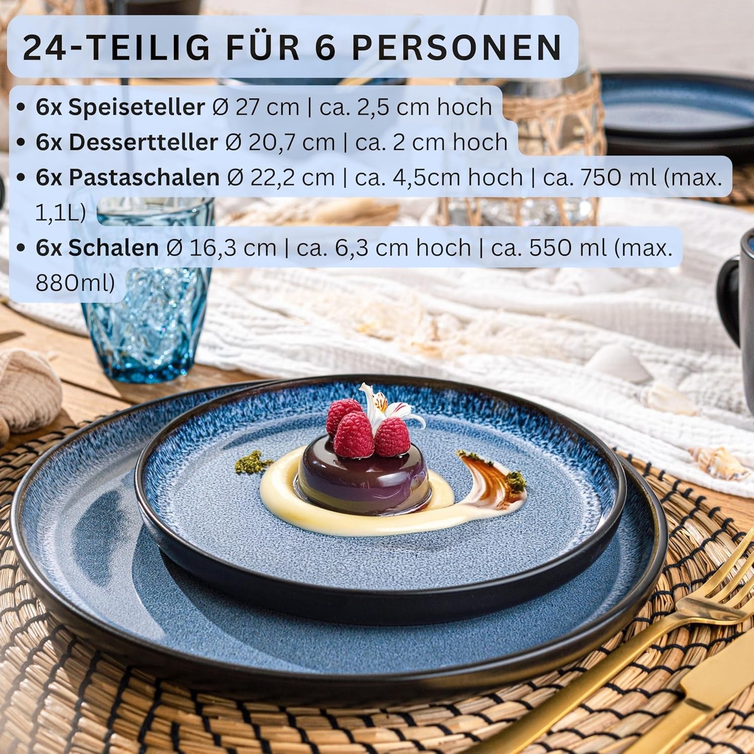 SÄNGER Aruba | Set de veselă din gresie pentru 6 persoane, 6 farfurii de cină, 6 farfurii de mic dejun, 6 farfurii de sumă, 6 boluri pentru paste, albastru cu margine neagră | COLECȚIA VALUE