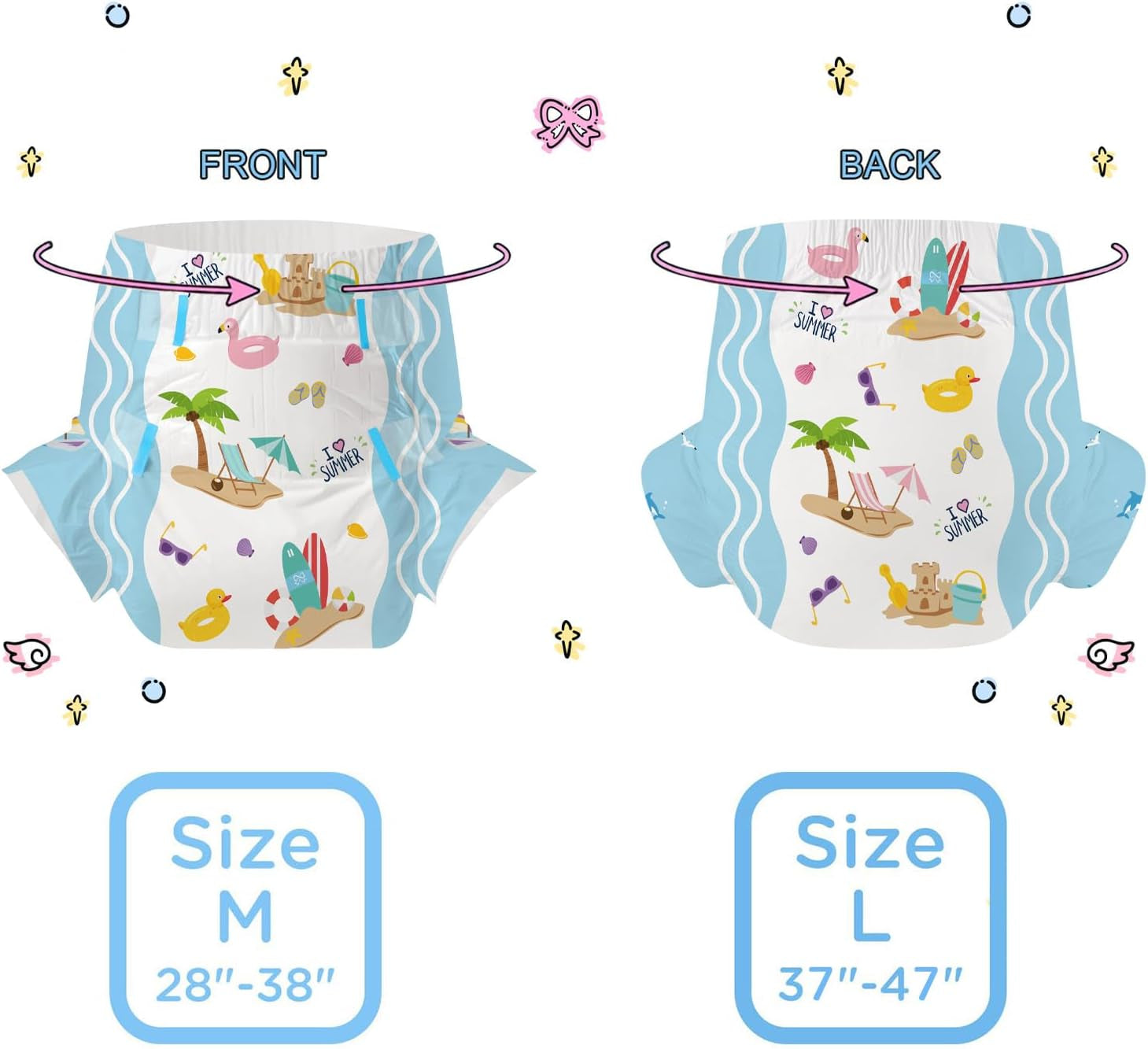 CutiePlusU Pannolini per adulti, confezione da 10, pannolini usa e getta per donne e uomini, massima assorbenza durante la notte - I Love Summer (taglia media 71-96 cm)