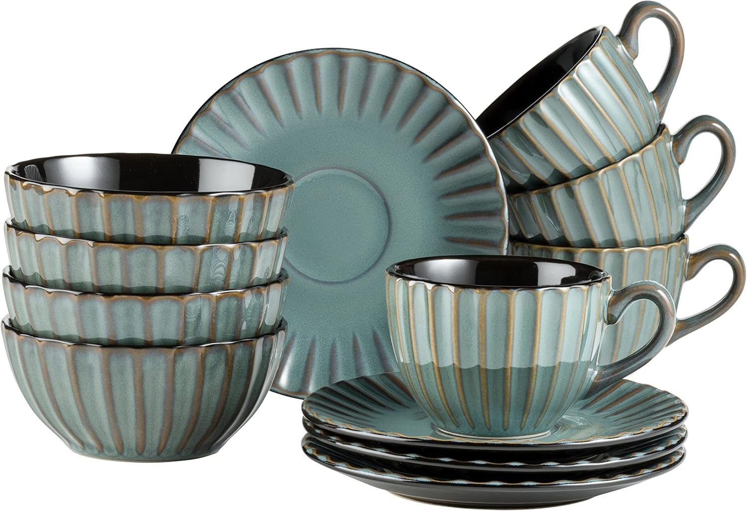 Set de veselă MÄSER 931966 Confino Series pentru 4 persoane, aspect vintage modern, set de mic dejun din ceramică, 12 piese, culoare petrol cu accente negre, gresie
