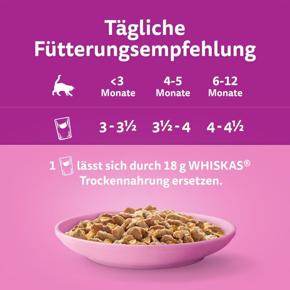 WHISKAS Junior Pliculețe pentru Hrană Umedă, Pachet Multiplu, Selecție de Carne de Păsări în Jeleu, 12 x 85g