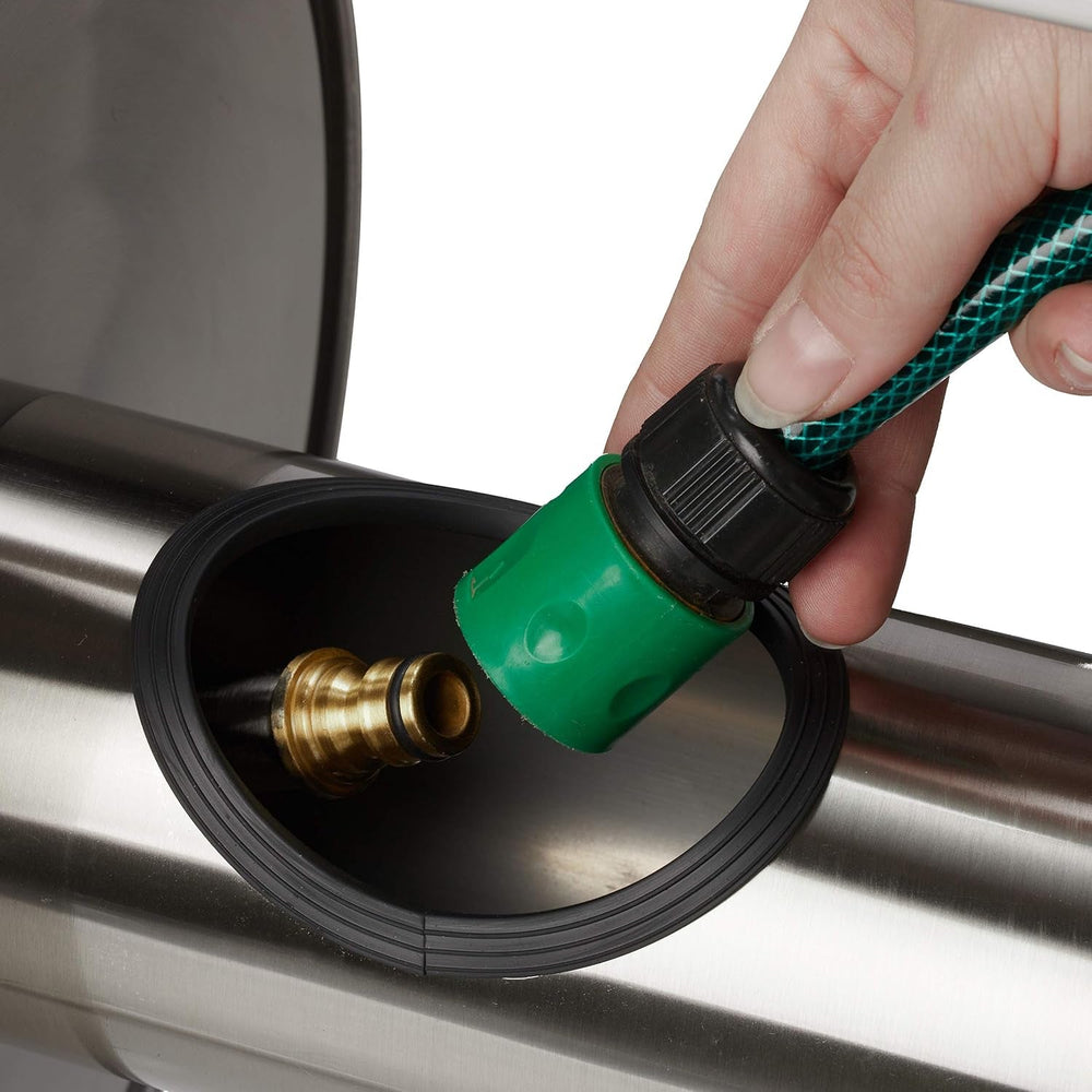 Relaxdays Rolă metalică pentru furtun, înfășurare furtun goală, oțel inoxidabil și aluminiu, montare pe podea și perete, 30,5x45x36,5 cm, argintiu