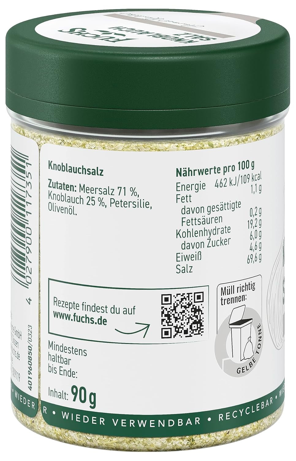 Fuchs Gewürze - Knoblauchsalz - Gewürzsalz für Dips, Saucen und Gemüse - ingredienti naturali - 90 g in wiederverwendbarer, recyclebarer Dose