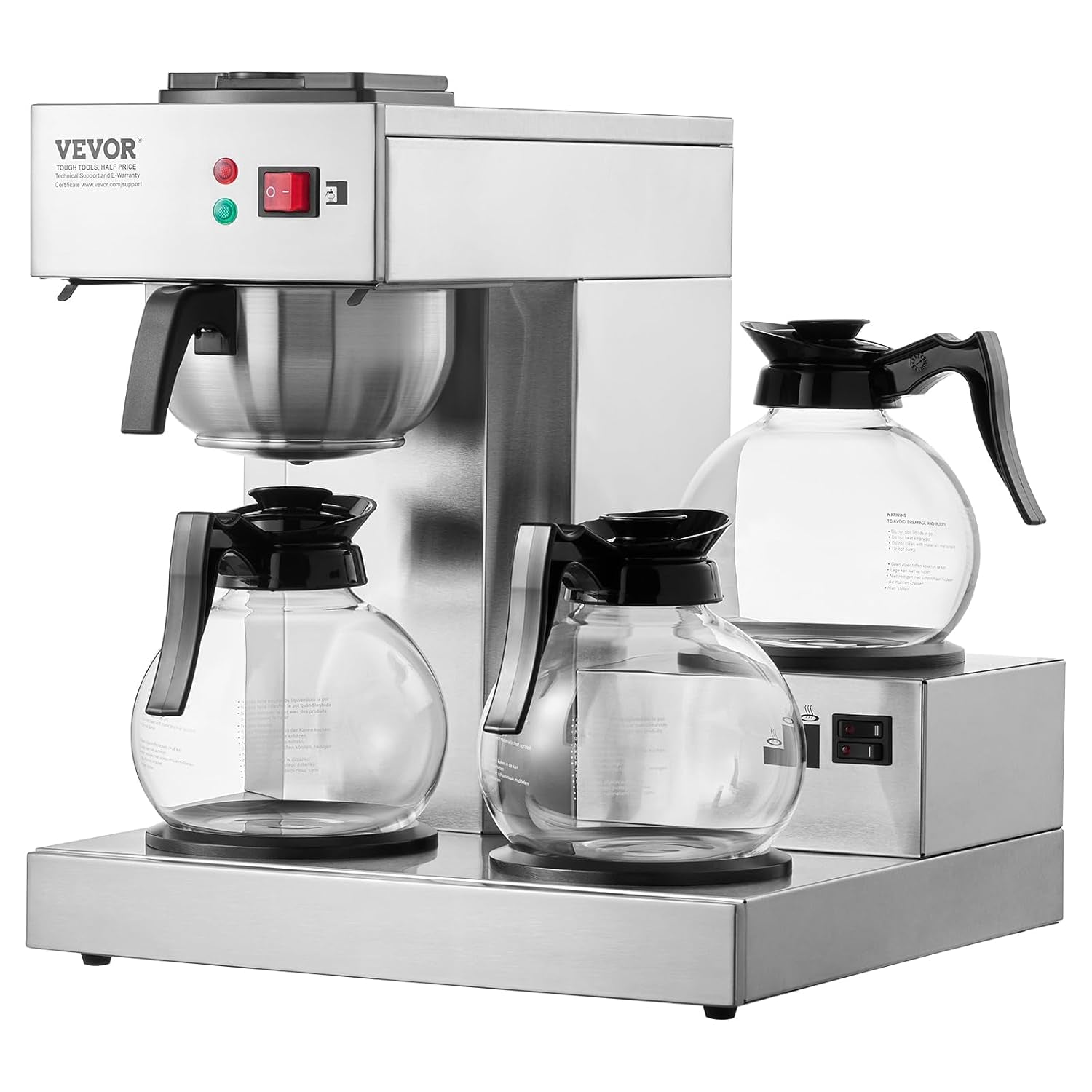 VEVOR Espressor comercial cu filtru pentru 12 căni, espressor cu 3 carafe de sticlă și 3 plăci de încălzire, espressor din oțel inoxidabil cu alimentare automată cu apă, pentru restaurante, birouri, cafenele