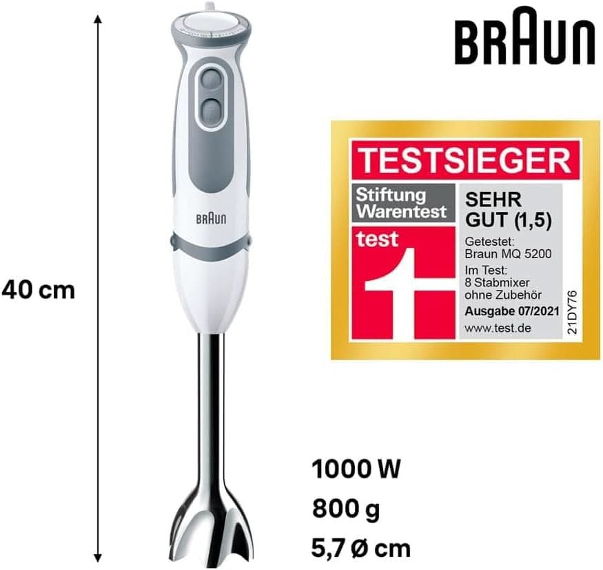 Braun Stabmixer MQ 5200WH - Multiquick 5 Vario Purierstab Mit Edelstahl Mixfuß, 1000 Watt, Inkl. 600 ml Mix- & Messbecher, Bianco/Grau Kitchen Naty Shop