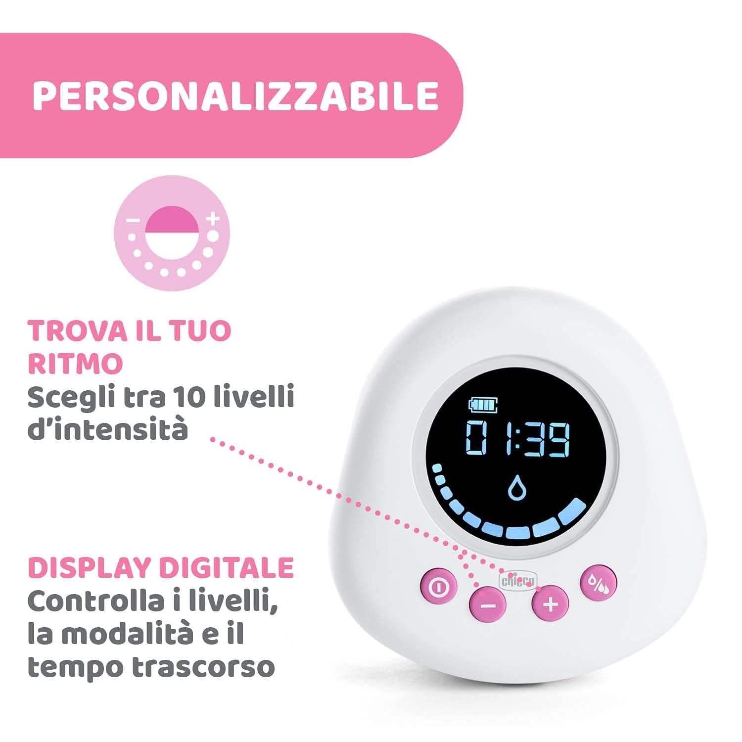 Tiralatte elettrico Chicco con fasi di stimolazione ed estrazione, 10 livelli di intensità, comodo e veloce, forma ergonomica, con tettarella inclinata e tappo a tenuta, bianco, 150 ml Accessori Alimentazione e Allattamento Bebe Naty Shop