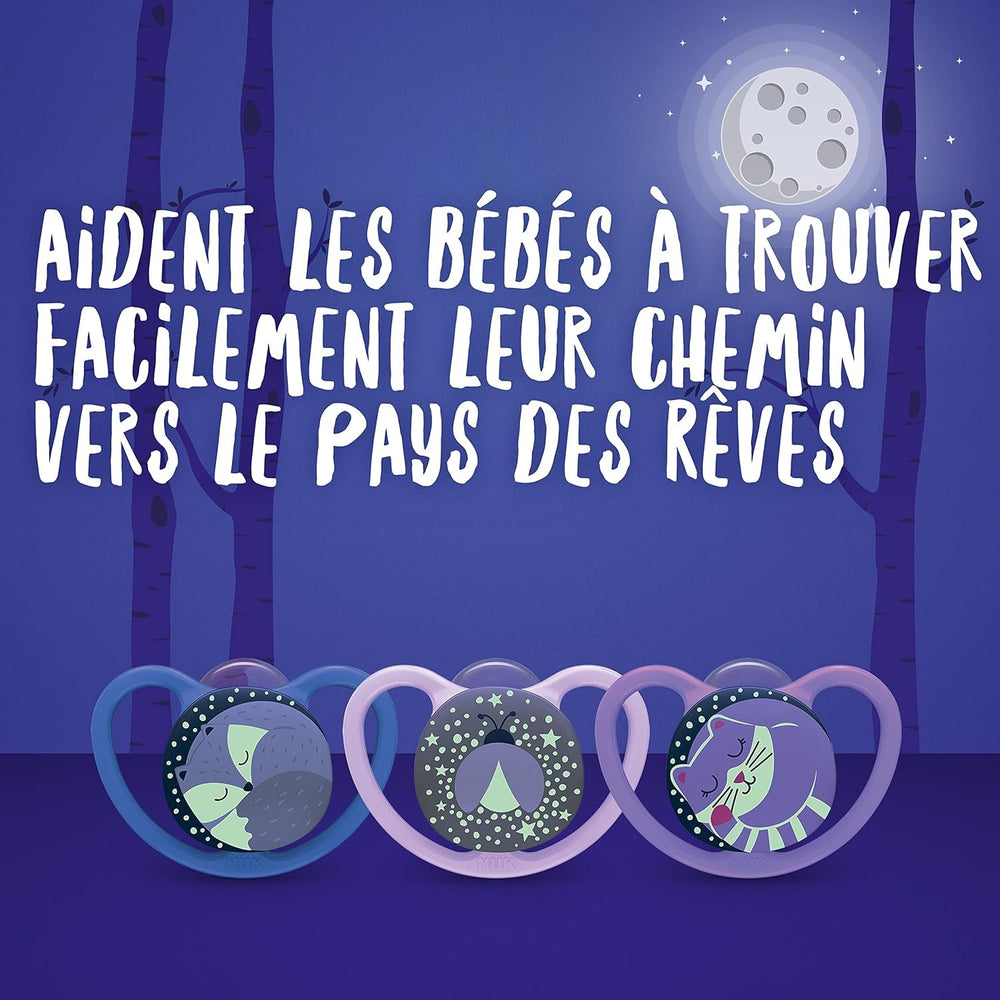 Suzete NUK Space Night, 0-6 luni, orificii de ventilație extra mari, strălucesc în întuneric, silicon fără BPA, vulpe și buburuză, 2 bucăți