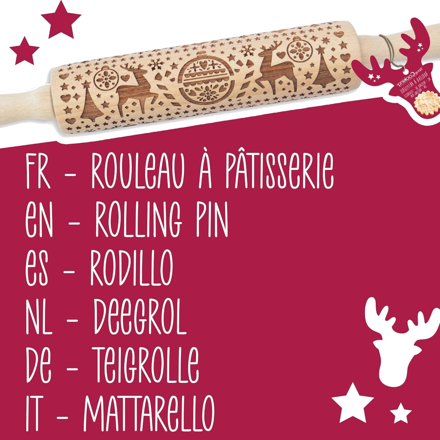 Scrap Cooking Teigrolle aus Holz "Xmas" mit weihnachtlichen Motiven – Prägerolle mit gepfragten Verzierungen für Kekse – Decorativo Zubehör – 5242