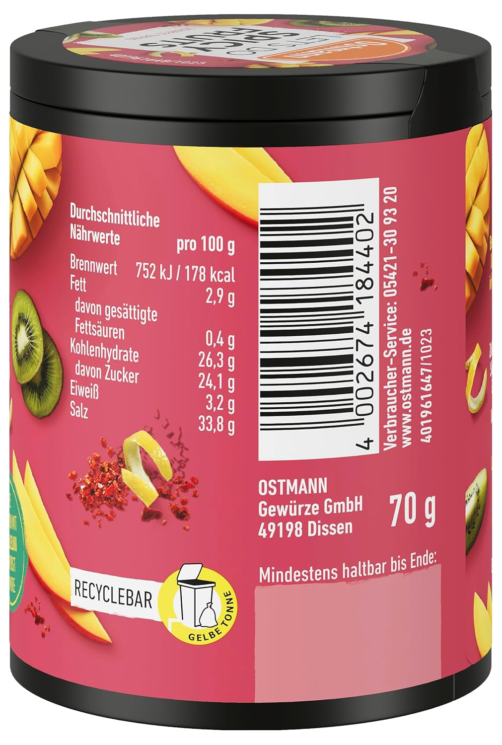 Ostmann Gewürze - Facciamo frutta piccante | Würzmischung für süßes Obst creato da Lalaleluu | scharfes Obst-Topping con peperoncino e peperoncino, leccati su mela o mango | 70 g in barra riciclabile Metalldose