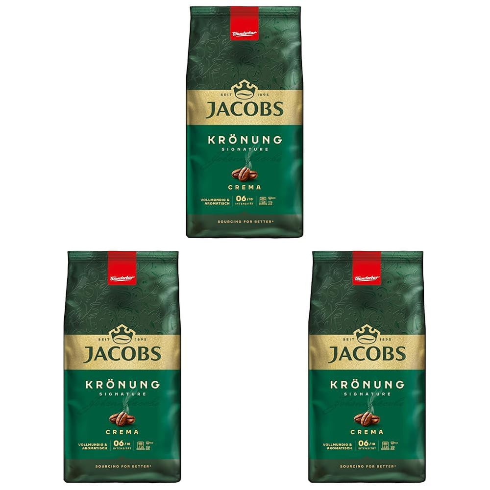 Jacobs Café Crema Gold Kaffeebohnen 1Kg – Vollmundig, Aromatisch, Fruchtige Notes, Arabica & Robusta Bohnen, Intensità 5/10, Ideale per Café Crema Naty Shop Krönung Crema 3 x 1 Kg