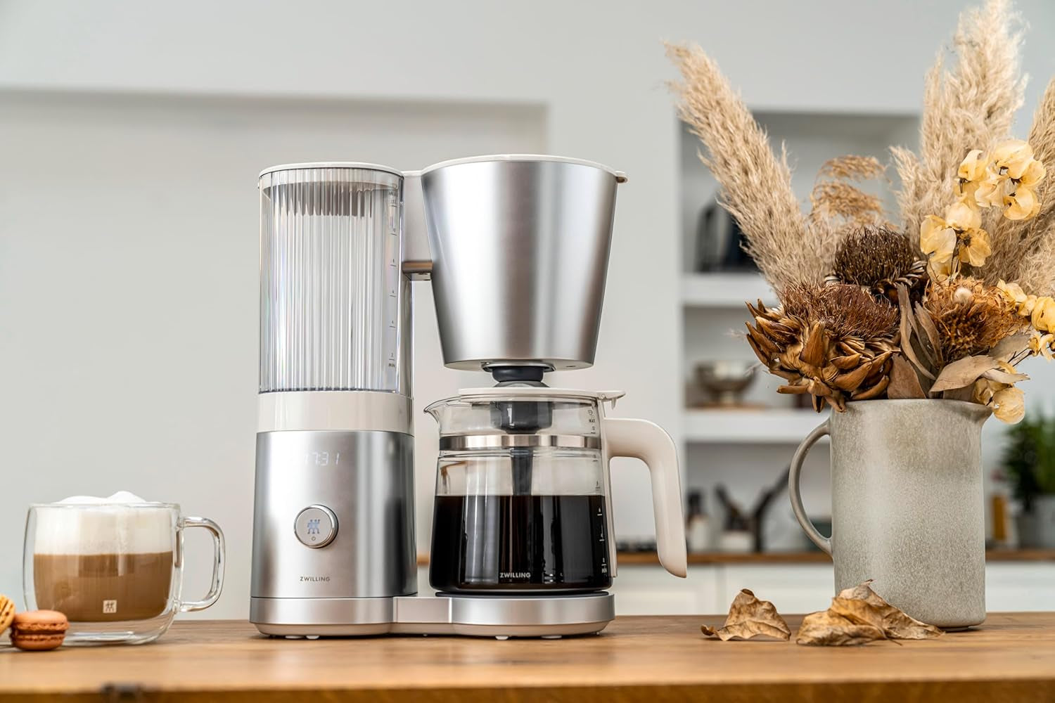 ZWILLING ENFINIGY Espressor cu filtru cu carafă din sticlă de 1,5 l, espressor cu boiler din oțel inoxidabil, funcție Blooming și detartrare inteligentă, plastic, argintiu