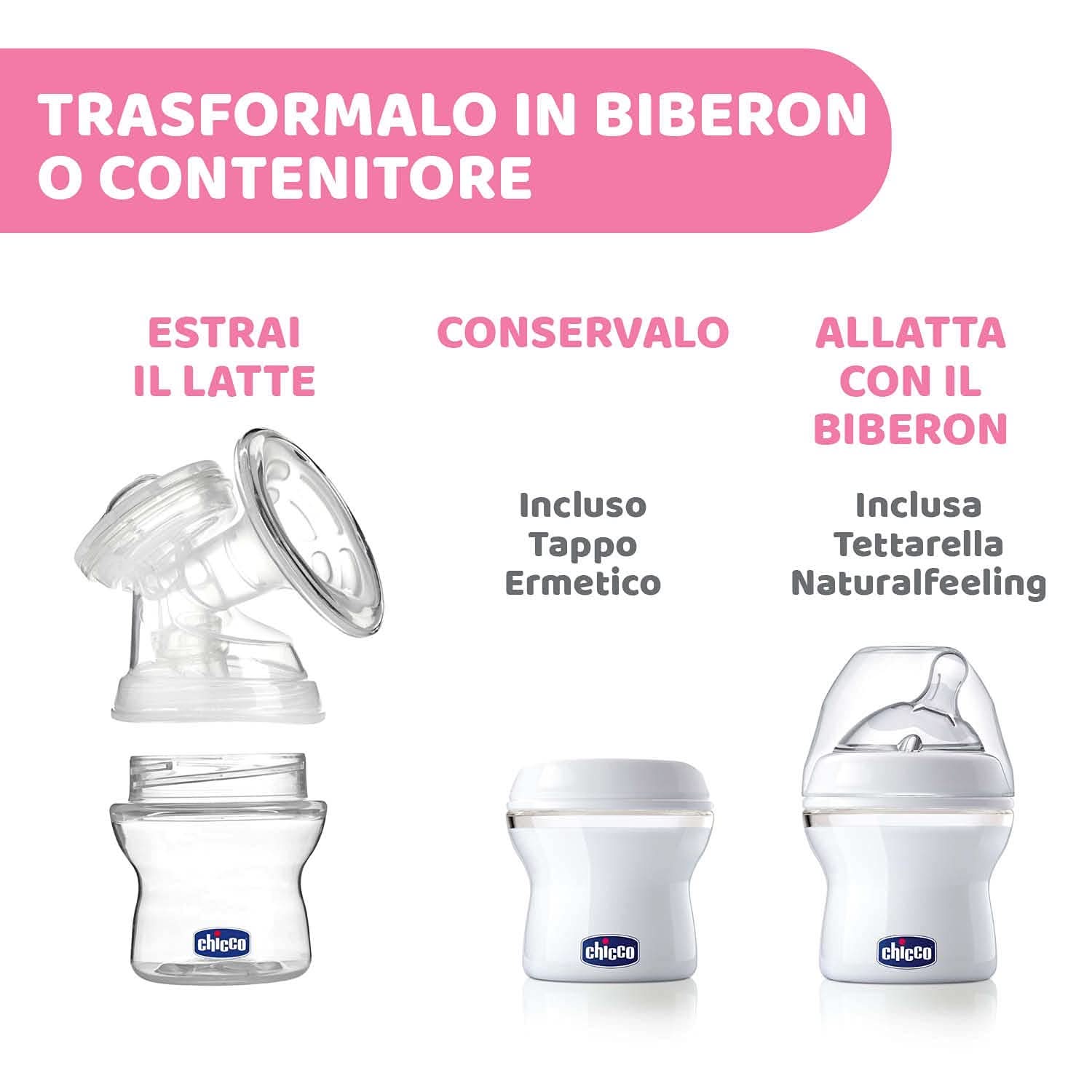 Tiralatte elettrico Chicco con fasi di stimolazione ed estrazione, 10 livelli di intensità, comodo e veloce, forma ergonomica, con tettarella inclinata e tappo a tenuta, bianco, 150 ml Accessori Alimentazione e Allattamento Bebe Naty Shop