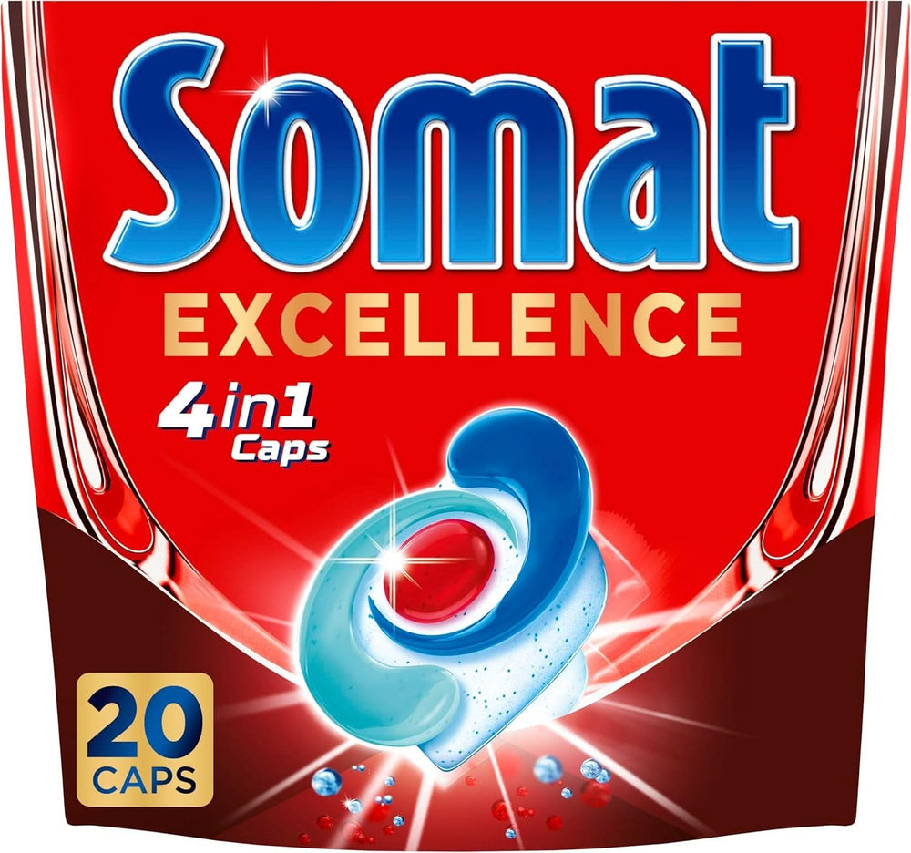 Somat Excellence 4In1 Caps (141 Caps), File pentru mașina de spălat vase cu dizolvare rapidă Detergenti Bucatarie Naty Shop 20 capsule Proaspat