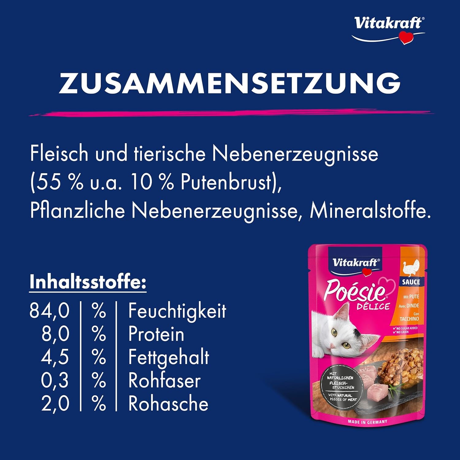 Vitakraft Poésie Délice, hrană umedă pentru pisici, hrană pentru pisici în sos, cu curcan, pachet vrac, fără zahăr adăugat sau cereale (23 x 85g)
