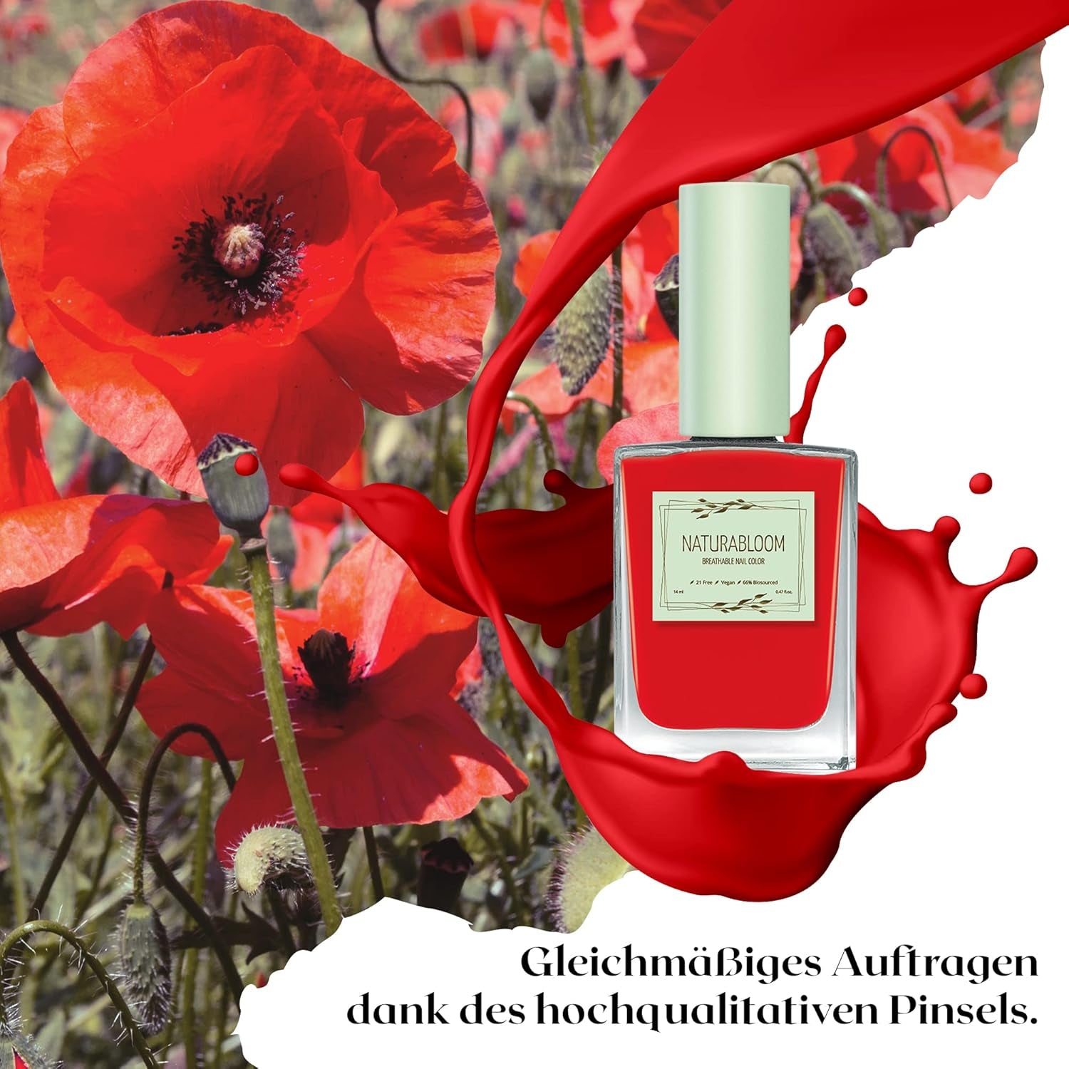 Smalto rosso ad asciugatura rapida (Poppy Red) - smalto naturale con formula vegana - traspirante, sostenibile e di lunga durata, 14 ml