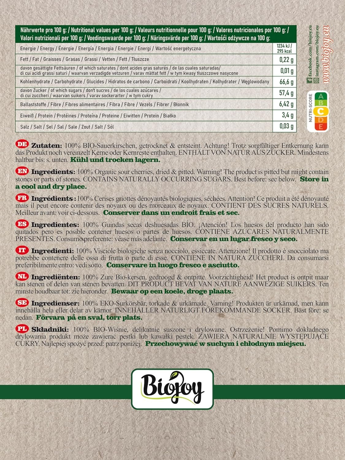 Cireșe bio Biojoy uscate (1 kg), fără sâmburi și nesulfurate Produse deshidratate Naty Shop