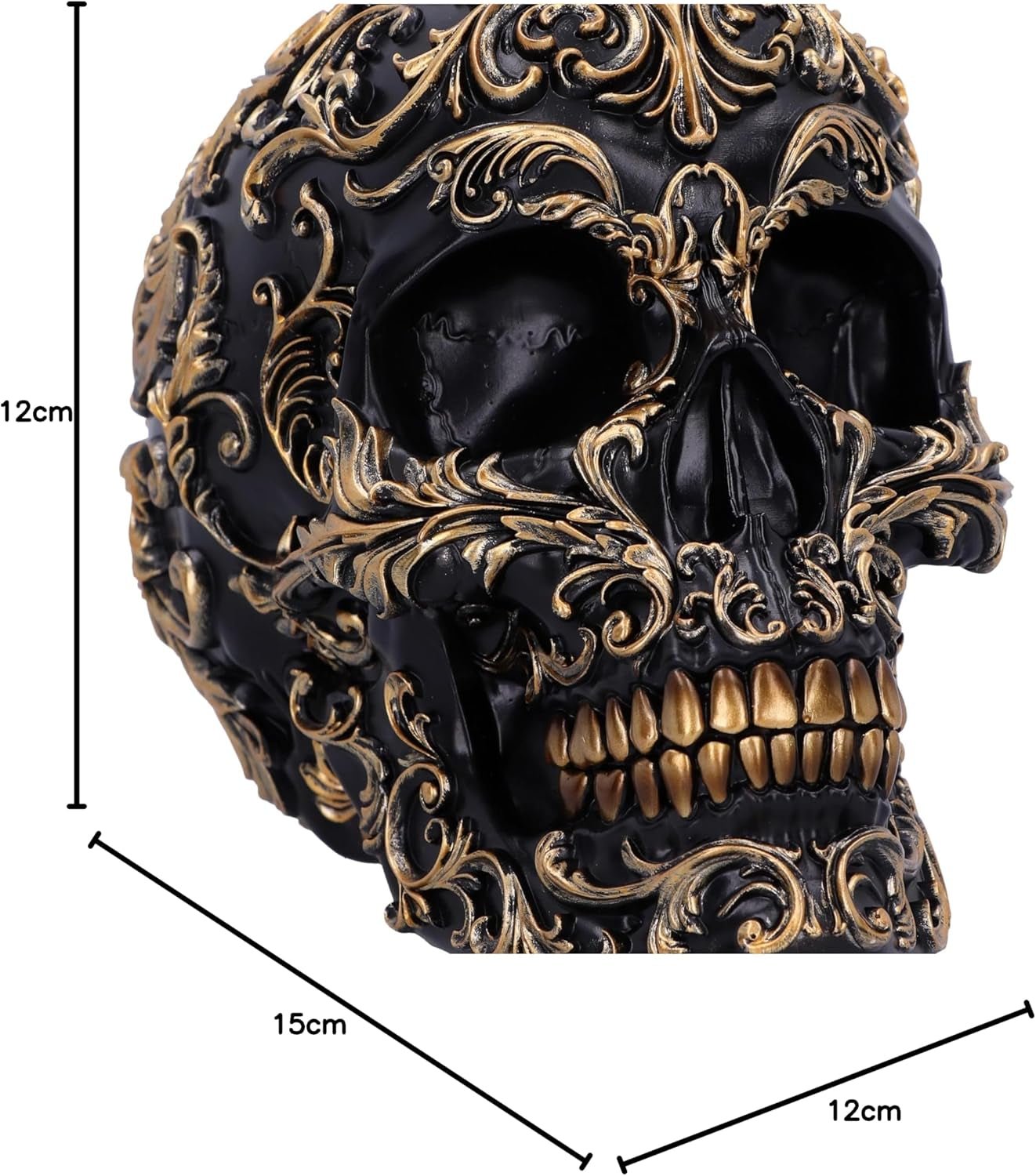 Craniu renascentist, 19 cm, rășină, negru și auriu, model baroc auriu, ornament craniu negru, decor gotic, turnat din cea mai fină rășină sintetică, pictat manual de experți Statuete si sculpturi Naty Shop