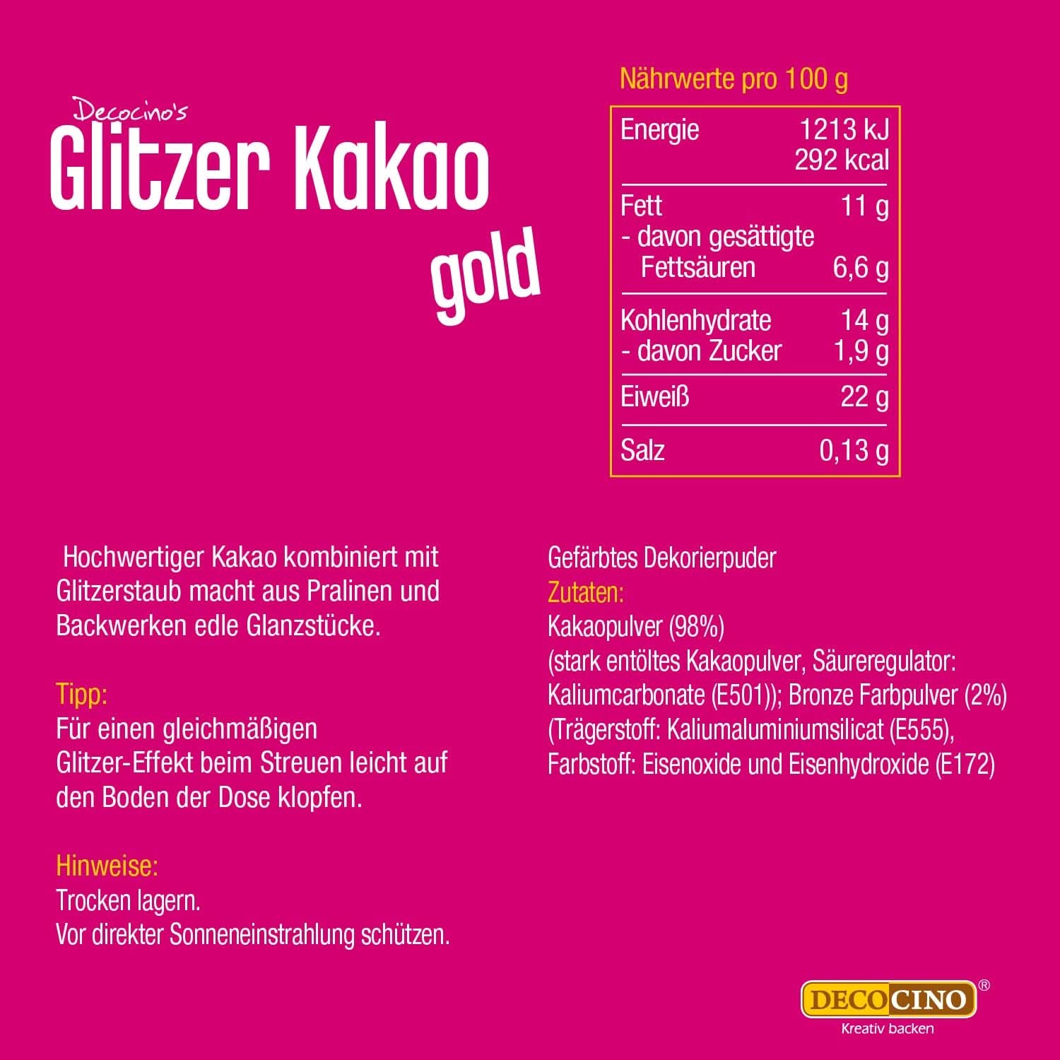 DECOCINO Glitter Cacao Oro, Cacao in polvere di alta qualità con glitter, 100 grammi Naty Shop