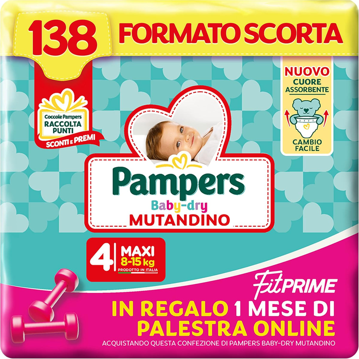 Pannolini Pampers Baby Dry Pants e Fit Prime Maxi, taglia 138, taglia 4 (8-15 kg), 1 mese gratis online in palestra