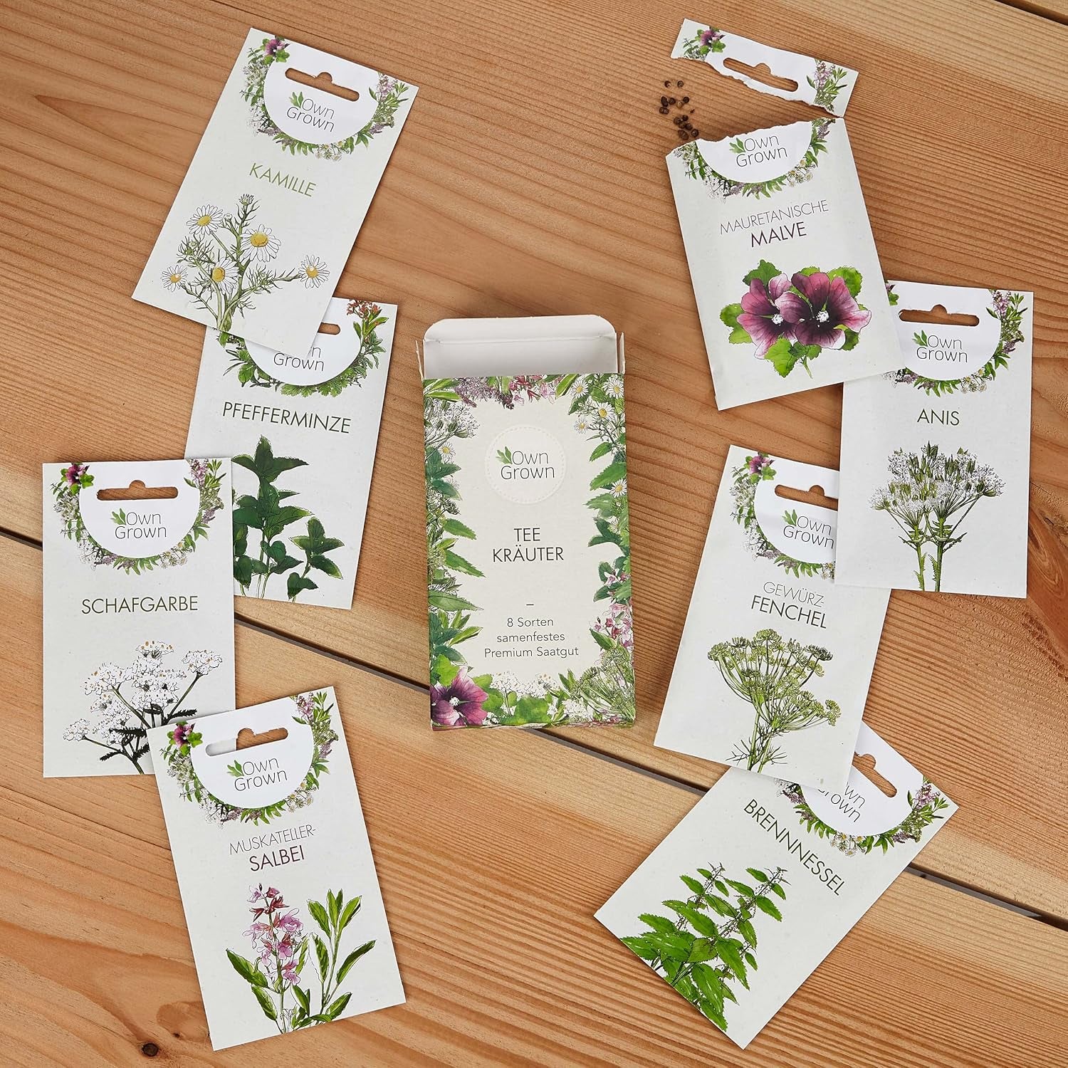 Set di semi di tè: 8 varietà di semi per balcone e giardino - menta, camomilla, anice, ortica, malva - semi di piante - tè - scatola da tè - Piante OwnGrown