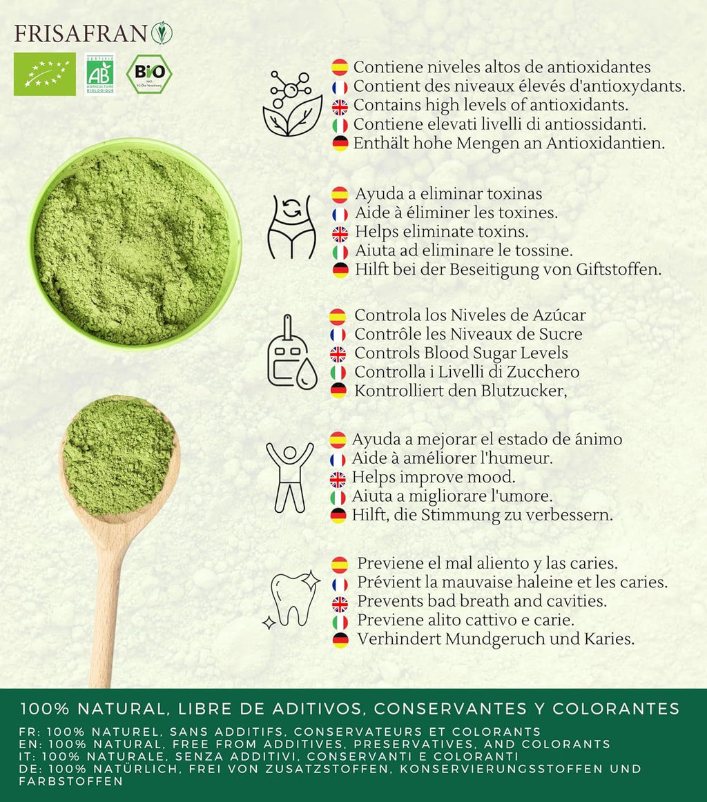 FRISAFRAN | Ceai Matcha organic 50G | Ceai organic pudră | 100% natural | Ceai verde Matcha organic pudră | Calitate ceremonială | Cultivat în Japonia | Detox vegan | Băuturi smoothie | Multivitamine | Detoxifiere