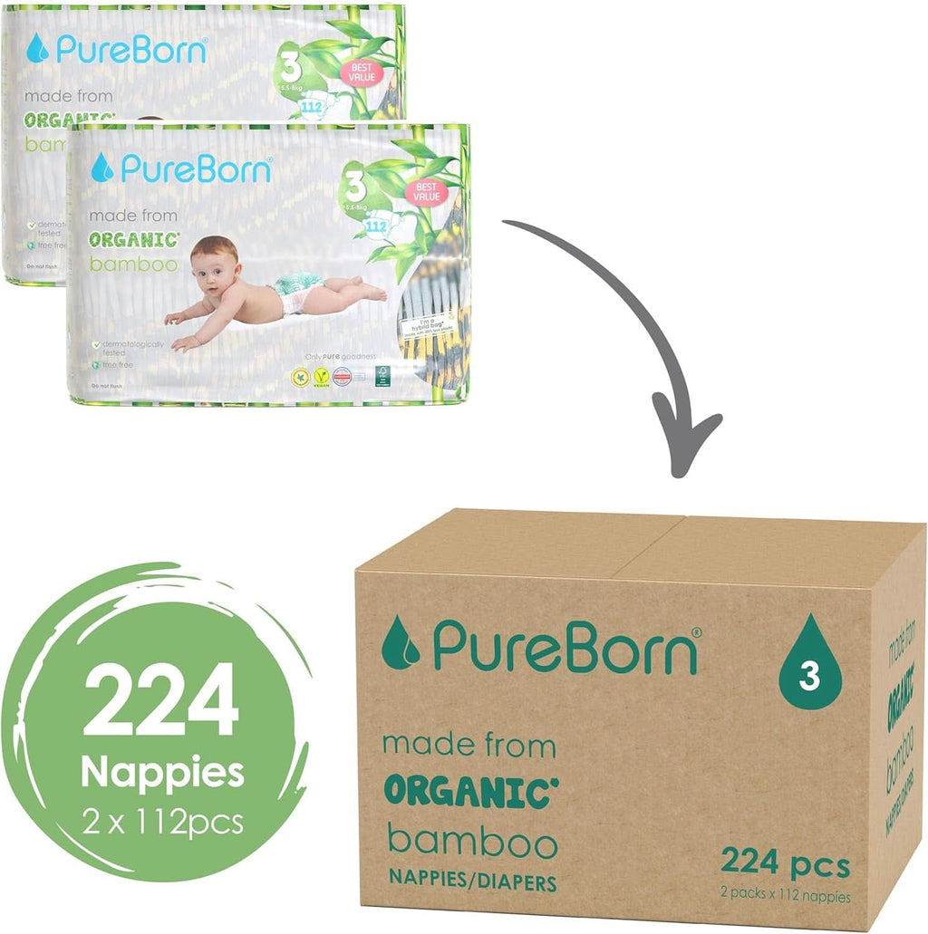 Scutece din bambus organic Pureborn Eco, marimea 3 (5,5-8 kg), 224 bucati (2 x 112), ecologice, hipoalergenice, ultra-moale, cu indicator de umiditate, diverse imprimeuri Mama si Copilul Naty Shop