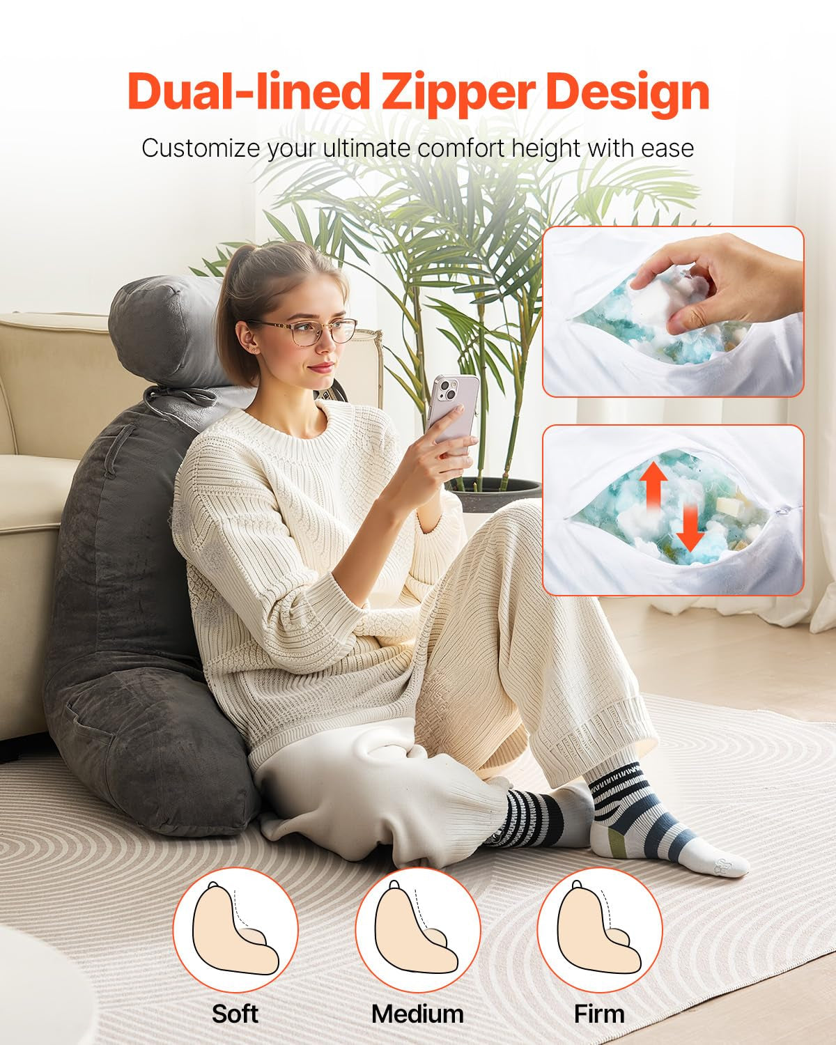 Pernă de citit VEVOR, pernă de pat (mare) cu tetieră detașabilă, pernă pentru spate cu 3 buzunare și material textil lavabil din catifea scurtă și spumă cu memorie mărunțită, lateral cu mâner, pentru vizionarea la televizor, citit, jucat