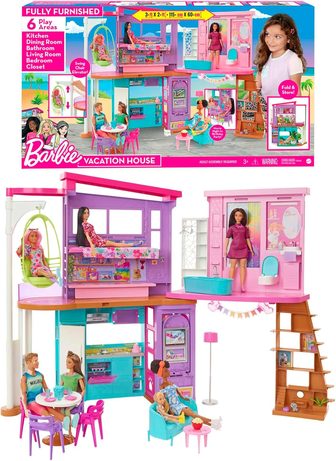 Casă de vacanță Barbie (116 x 77,9 cm), 6 locuri de joacă, complet mobilată cu accesorii, mobilier și lift, pliabilă și depozitabilă, păpușă, cadou pentru copii cu vârsta de 3 ani și peste, HCD50