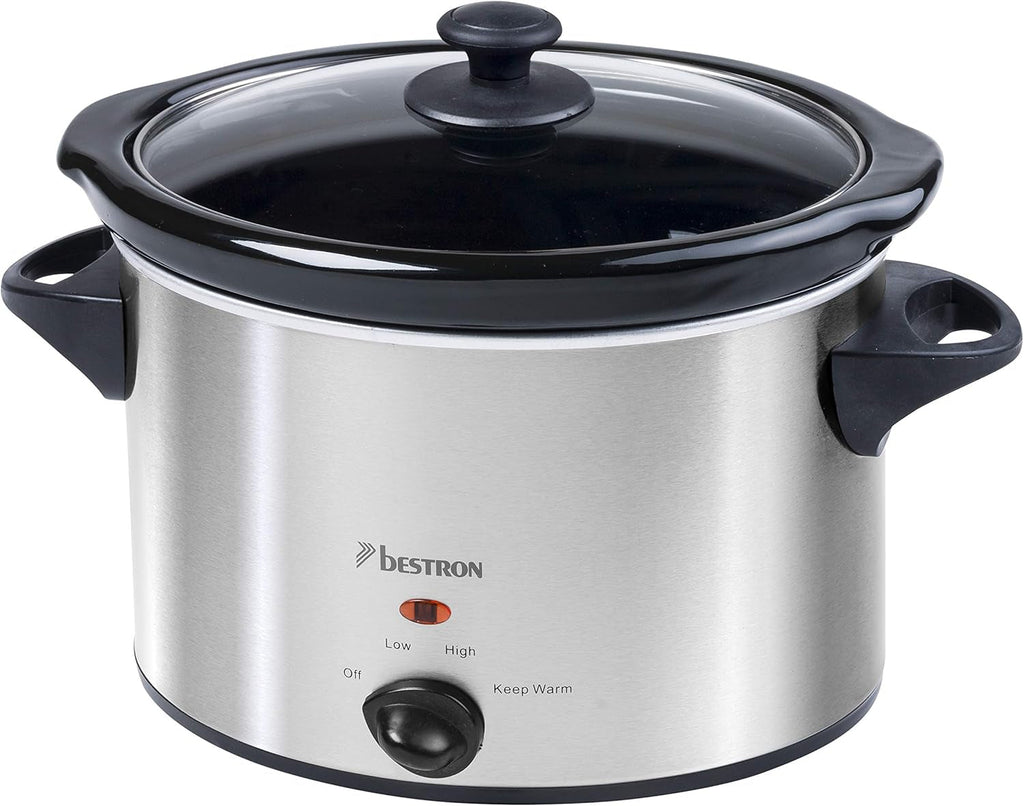 Bestron slow cooker cu tigaie ceramică și capac din sticlă, termostat cu 3 niveluri, ideal pentru multe feluri de mâncare, cum ar fi carne, supe și legume, 3,5 litri, culoare: argintiu Slow Cooker Naty Shop