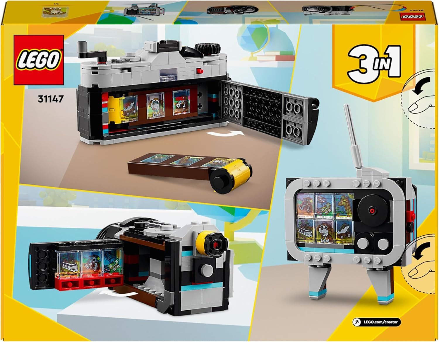 LEGO Creator 3In1 Fotocamera retrò, videocamera, set TV, decorazioni per la scrivania dei bambini o accessori per la camera da letto, regali fotografici per ragazze e ragazzi di 8 anni 31147 Set da costruzione Besuche den LEGO-Store