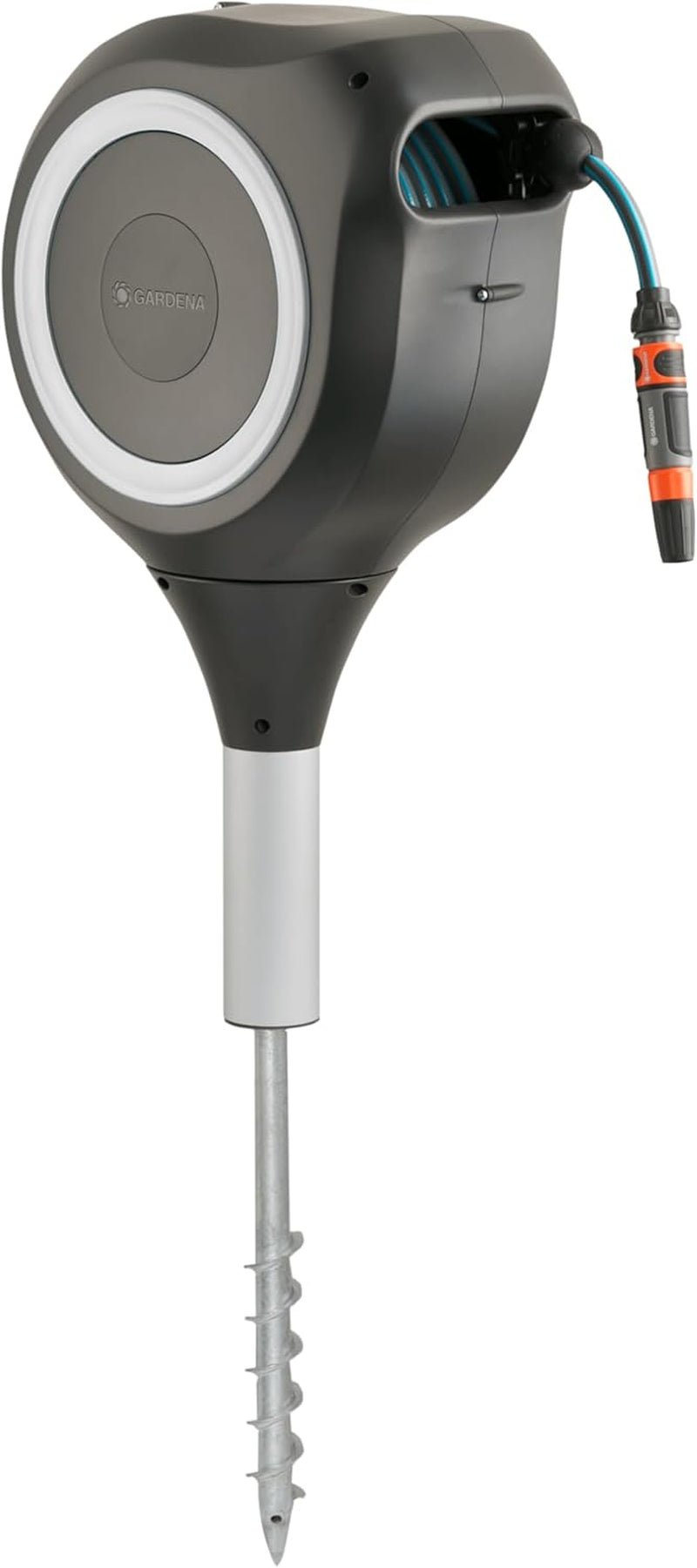 Cutie pentru furtun de grădină Gardena RollUp M (albă) 20 m: Cutie pentru furtun rotativă, ghidaj integrat pentru furtun, incl. furtun de calitate Gardena de 20 m, țăruș de sol și ajutor de montare (18616-20)