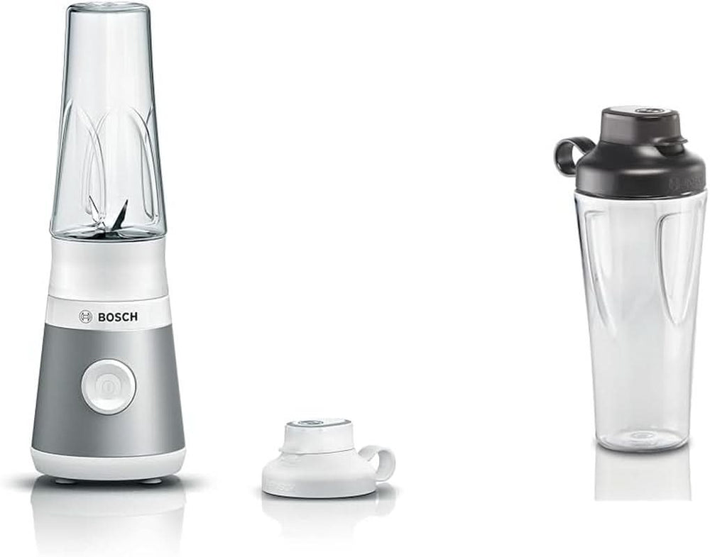 Bosch Mini-Flasche Vitapower Serie 2 MMB2111S, Mixer ad alta velocità, Bis Zu 40.000 giri/min, Tritan Togo-Flasche 0,6 L, Trinkdeckel, Bruchsicher, Spülmasch.Geeignete Teile, 450W, Argento/Schwarz Kitchen Naty Shop Bundle Mit Togo-Flasche Silber / Weiß