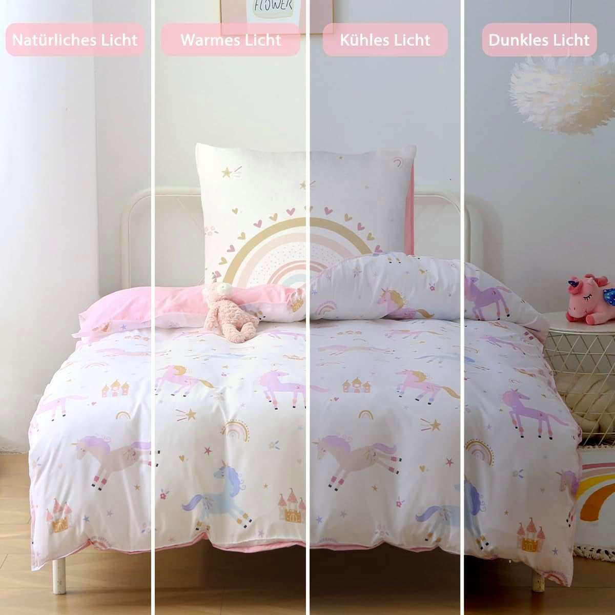 Fekohipy Bettwäsche 135X200 Mädchen Einhorn Kinderbettwäsche Rosa 3D-Druck Mikrofaser Regenbogen Kinder Bettbezug Mit Reißverschluss Und 1 Kissenbezug 80X80Cm 2-Teilige Kinderbettwäsche-Set Naty Shop