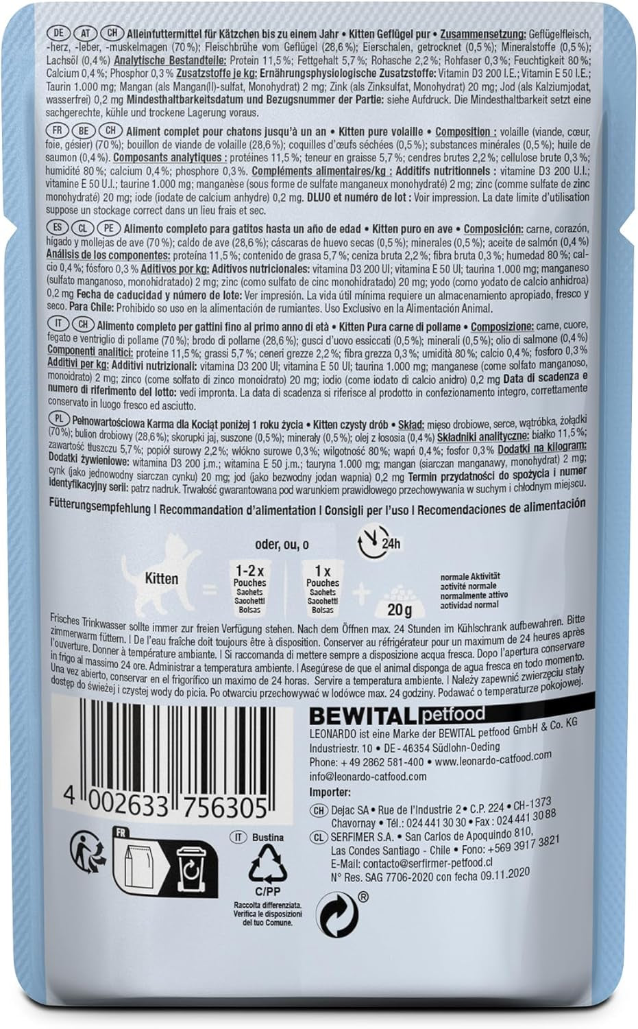 LEONARDO Fresh Pouches [16 x 85g hrană umedă pentru pisici, fără cereale] | Hrană umedă completă în pliculețe individuale