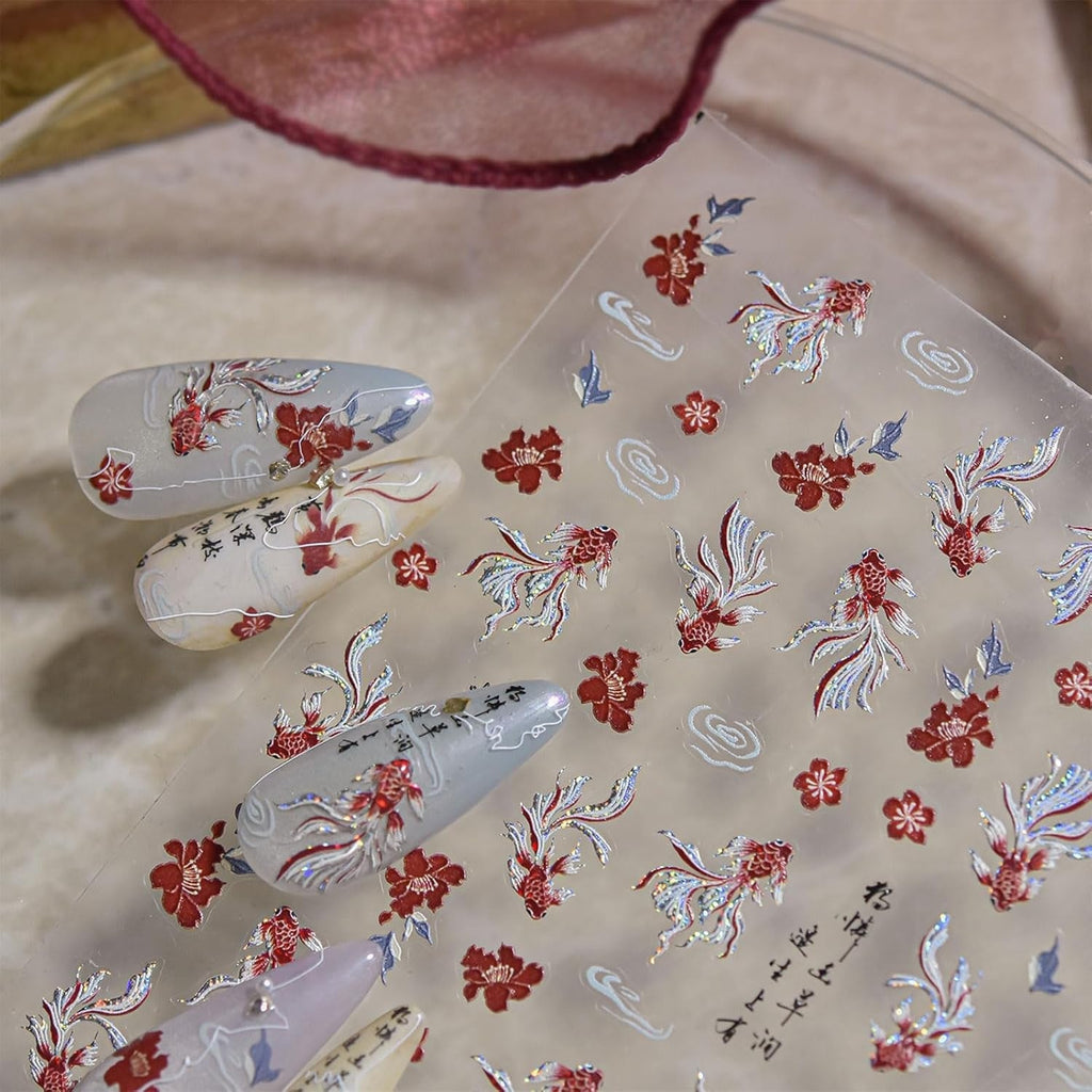 JMEOWIO 3D Nagelsticker Koi Fisch Nail Art Sticker Selbstklebend Nagelaufkleber 5D Stereoskopisch Dekoration Nageldesign Zubehör 1 Blatt