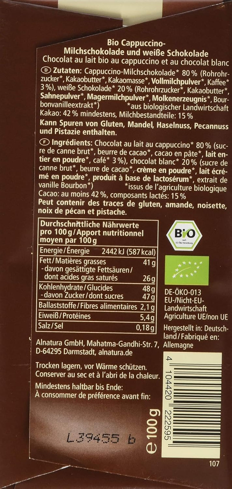 Ciocolată organică umplută cu cappuccino, 100g