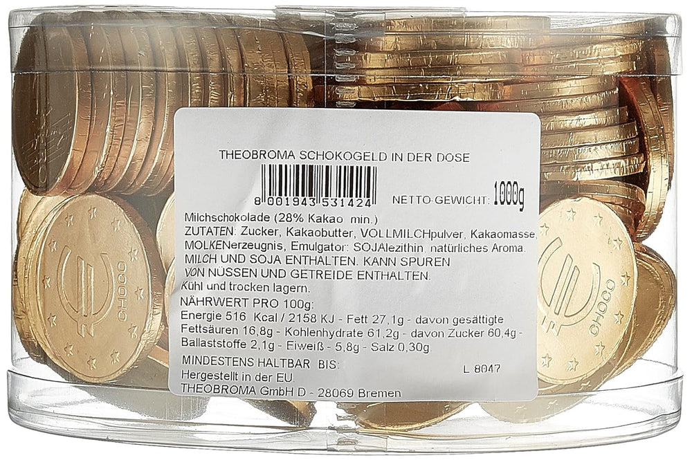 Theobroma Goldgeld Schokoladen Euros, Lose Münzen in Der Dose, 1Er Pack (1 X 1 Kg) Naty Shop