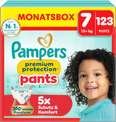 Pantaloni di protezione Premium Pampers taglia 7, 123 pannolini, 15 kg+, con regolazione a 360° e polsini morbidi anti-perdite per comfort e protezione ottimali