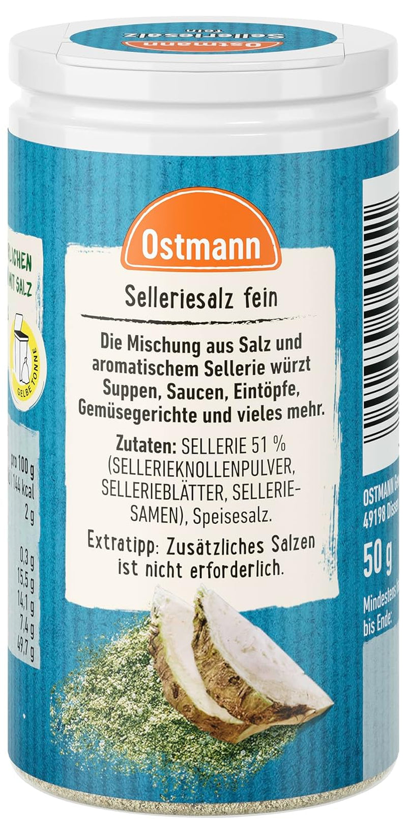 Ostmann Gewürze - Celeriesalz | Zum Verfeinern zährlicher herzhafter Gerichte | Riciclabile, riutilizzabile Streudose | 50 g in un colino