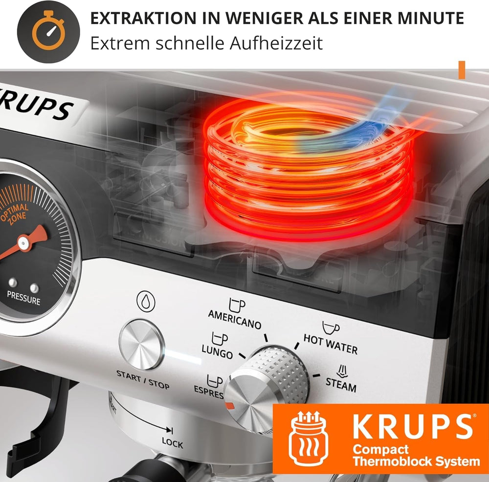 Espressor manual Krups Precision cu portafiltru și râșniță, aparat de cafea barista cu panou de control intuitiv, setări de pre-infuzare, espressor cu duză de abur, încălzire rapidă, XP801T10